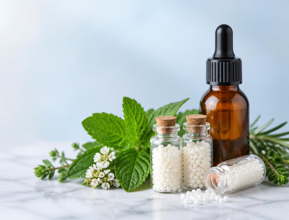 Homoeopathic globules in glass vials with fresh herbs on a marble surface